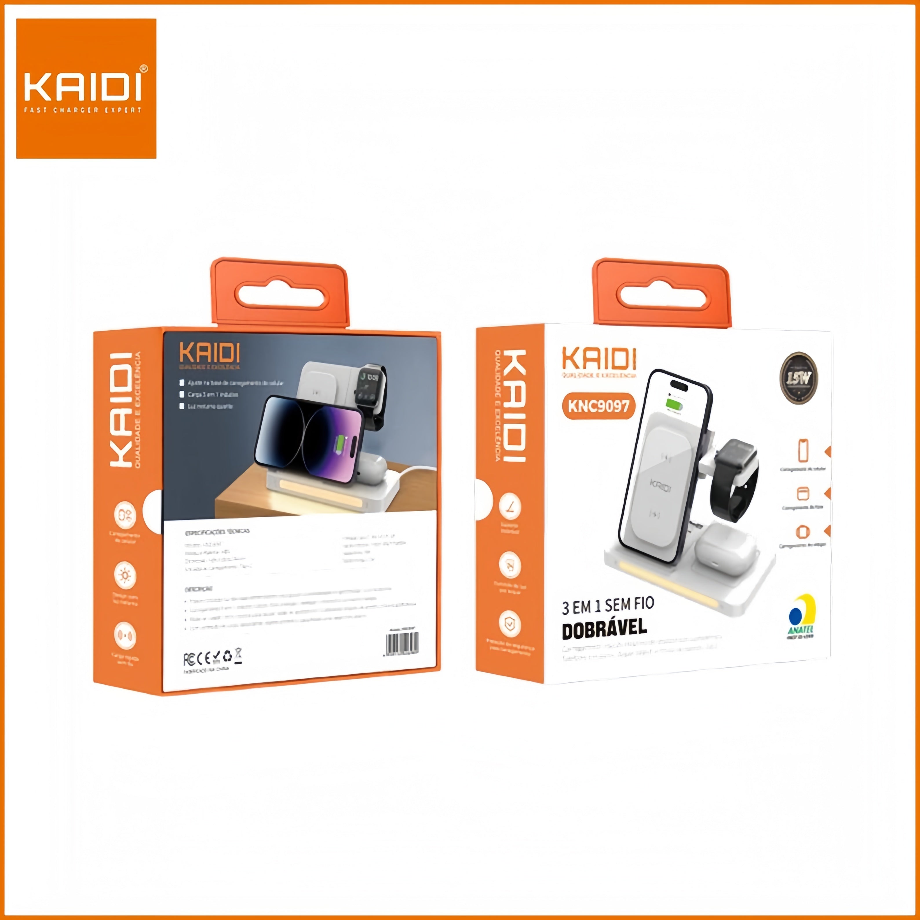Suporte Carregador Indutivo Fone Celular Smartwatch 3 em 1 sem fio Dobrável 15W Kaidi KNC9097